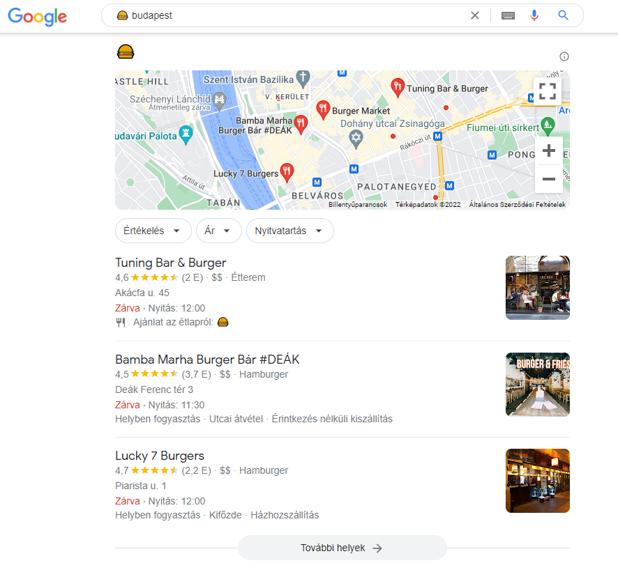 hamburger emoji + budapest keresés találatai a Google-ben