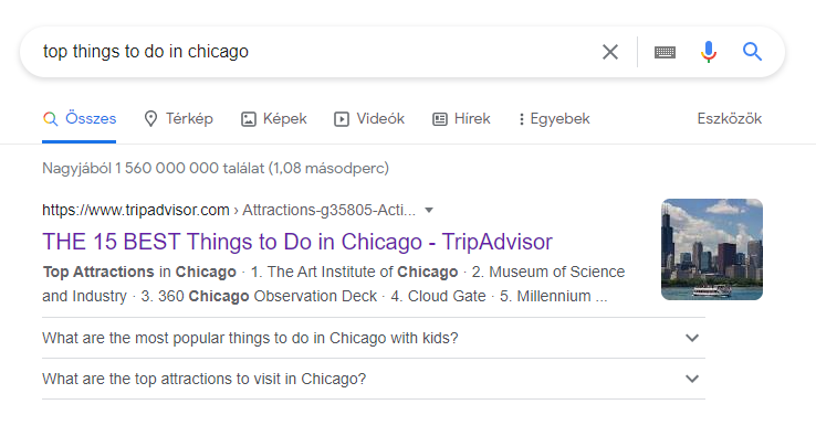 Tripadvisor Chicago-cikk a Google találati oldalon