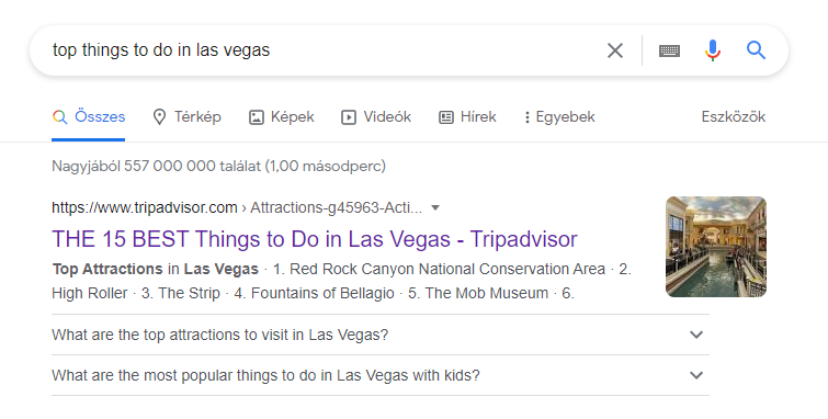 Tripadvisor Las Vegas-cikk a Google találati oldalon