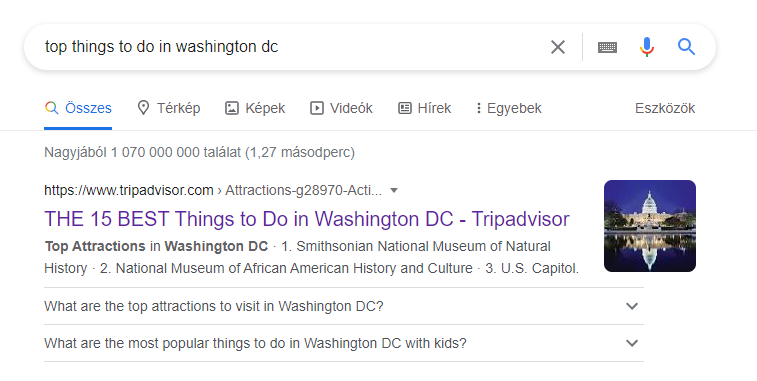 Tripadvisor Washington-cikk a Google találati oldalon